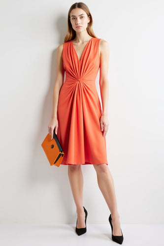 Orange Ruched Bodycon V-Neck Midi Work Dress