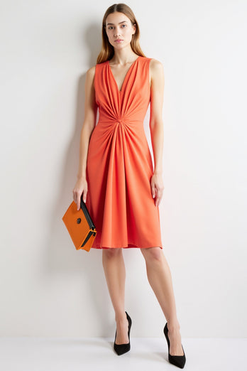 Orange Ruched Bodycon V-Neck Midi Work Dress