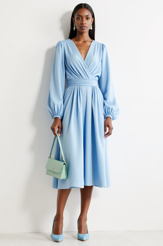 Blue V-Neck A Line Ruched Midi Work Dress