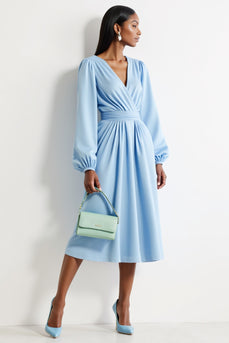 Blue V-Neck A Line Ruched Midi Work Dress