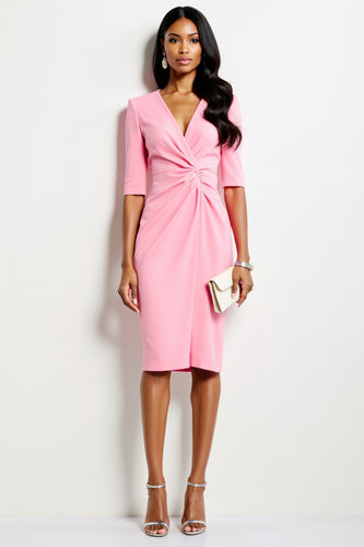 Hot Pink V-Neck Satin Midi Work Dress with Sleeves