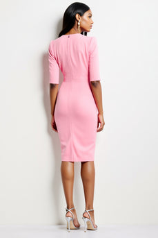 Hot Pink V-Neck Satin Midi Work Dress with Sleeves