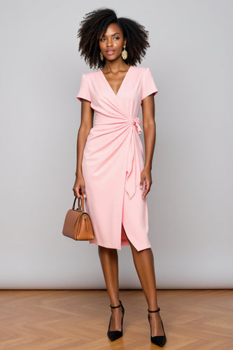 Light Pink V-Neck Satin Midi Work Dress with Ruffles