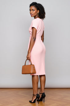 Light Pink V-Neck Satin Midi Work Dress with Ruffles