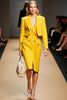 Load image into Gallery viewer, Yellow Peak Lapel Double Breasted Satin Midi Business Suits with Slit