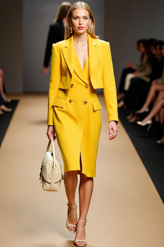 Yellow Peak Lapel Double Breasted Satin Midi Business Suits with Slit