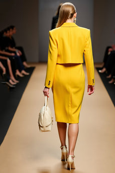 Yellow Peak Lapel Double Breasted Satin Midi Business Suits with Slit