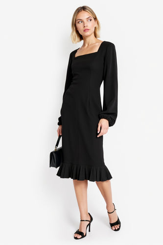 Black Long Sleeves Midi Work Dress with Ruffles