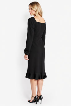 Black Long Sleeves Midi Work Dress with Ruffles