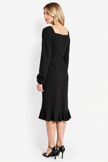 Black Long Sleeves Midi Work Dress with Ruffles
