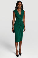 Load image into Gallery viewer, Dark Green V-Neck Bodycon Ruched Satin Midi Work Dress