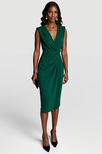 Dark Green V-Neck Bodycon Ruched Satin Midi Work Dress