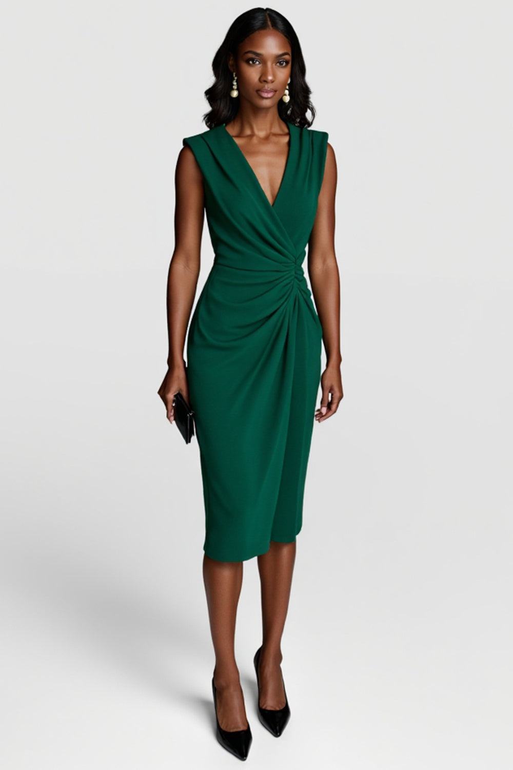 Dark Green V-Neck Bodycon Ruched Satin Midi Work Dress