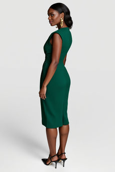 Dark Green V-Neck Bodycon Ruched Satin Midi Work Dress