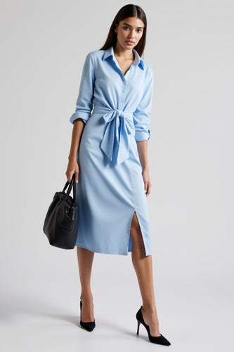 Blue Collar Neck A Line Tie Front Midi Work Shirt Dress