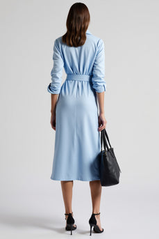 Blue Collar Neck A Line Tie Front Midi Work Shirt Dress