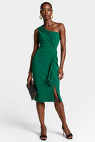Load image into Gallery viewer, Dark Green One Shoulder Bodycon Midi Work Dress with Ruffles