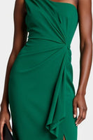 Load image into Gallery viewer, Dark Green One Shoulder Bodycon Midi Work Dress with Ruffles