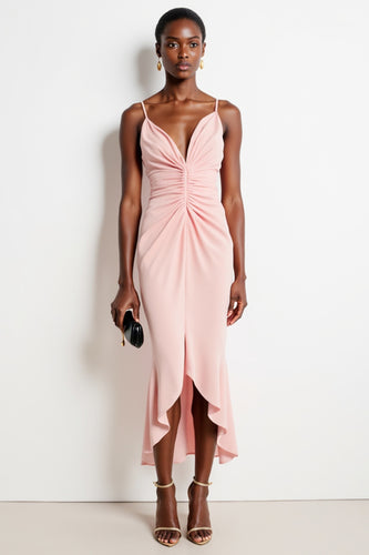 Blush Spaghetti Straps Ruched Mermaid High-Low Work Dress with Ruffles