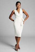 Load image into Gallery viewer, White Satin V-Neck Tie Front Midi Work Dress