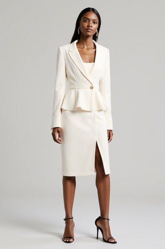 White Peak Lapel 2 Piece Satin Ruffled Midi Business Suits