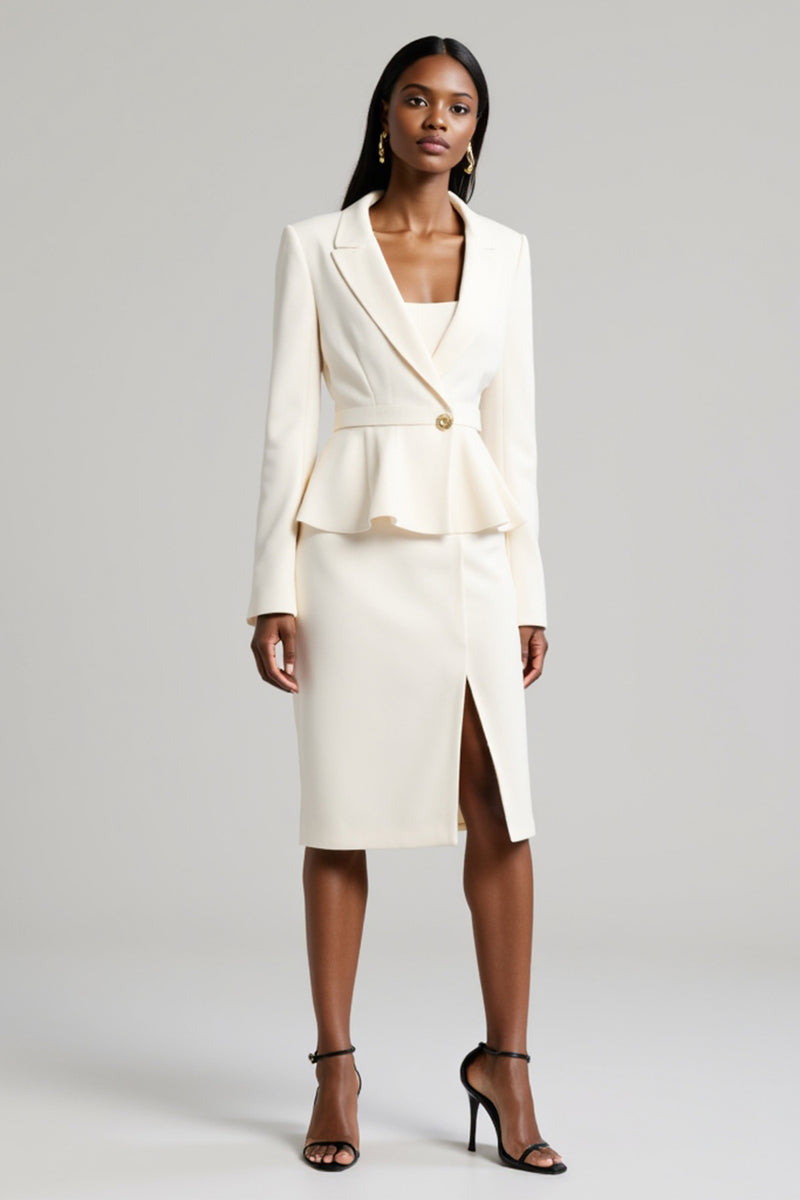 Load image into Gallery viewer, White Peak Lapel 2 Piece Satin Ruffled Midi Business Suits