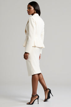 White Peak Lapel 2 Piece Satin Ruffled Midi Business Suits