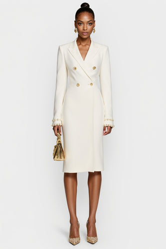 White Satin Peak Lapel Bodycon Midi Work Blazer Dress