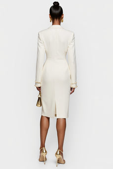 White Satin Peak Lapel Bodycon Midi Work Blazer Dress