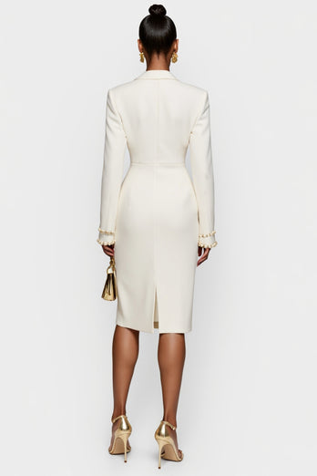 White Satin Peak Lapel Bodycon Midi Work Blazer Dress