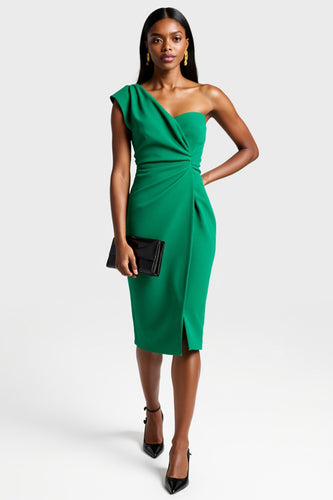 Dark Green One Shoulder Satin Midi Work Dress with Slit