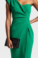 Load image into Gallery viewer, Dark Green One Shoulder Satin Midi Work Dress with Slit