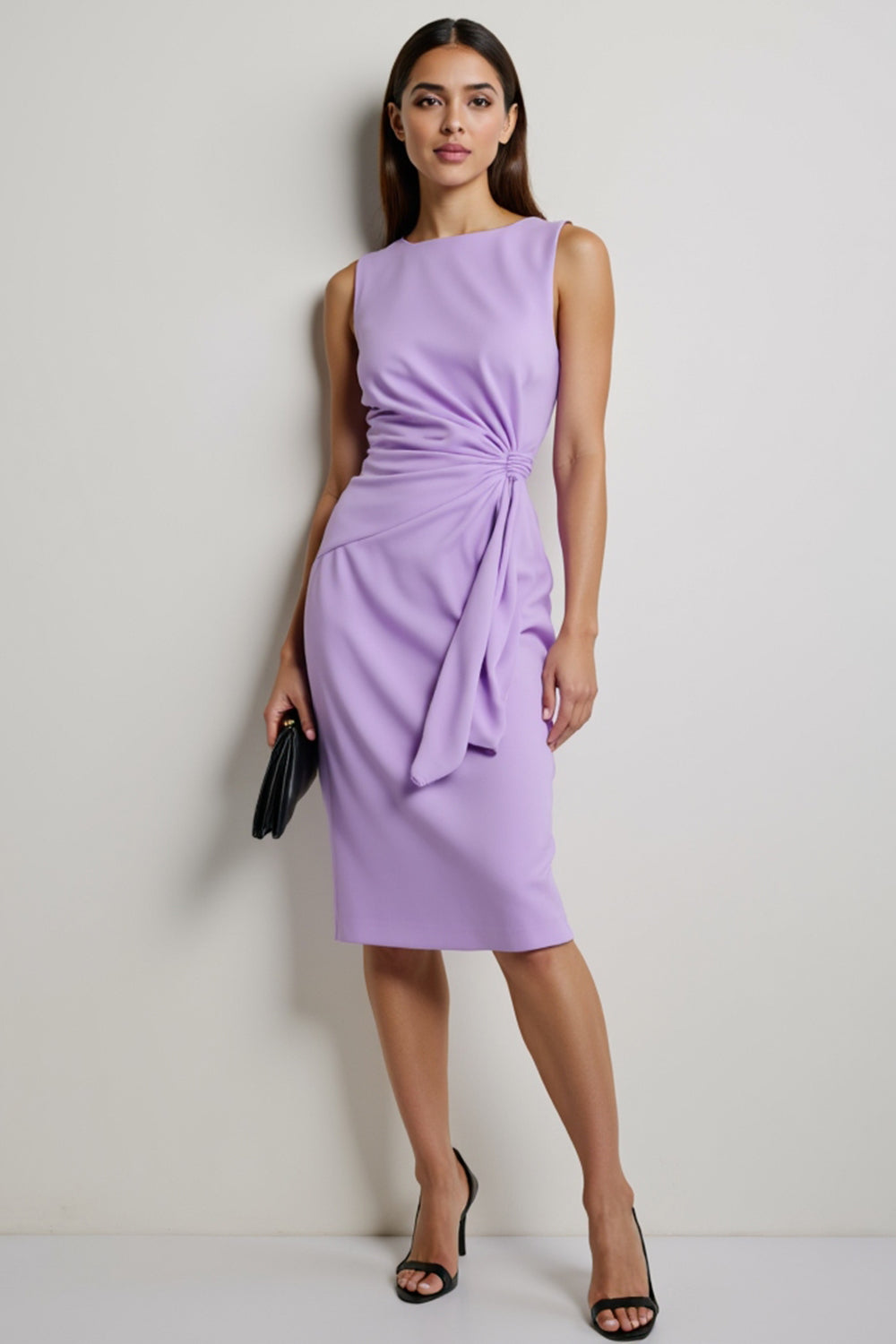 Purple Satin Bodycon Tie Front Midi Work Dress