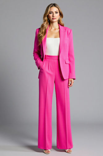 Fuchsia Long Sleeves 2 Piece Notched Lapel Satin Business Suits with Pockets