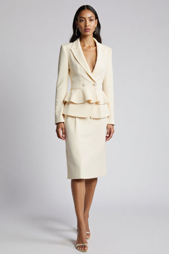 Ivory Peak Lapel Satin 2 Piece Bodycon Midi Business Suits with Ruffles