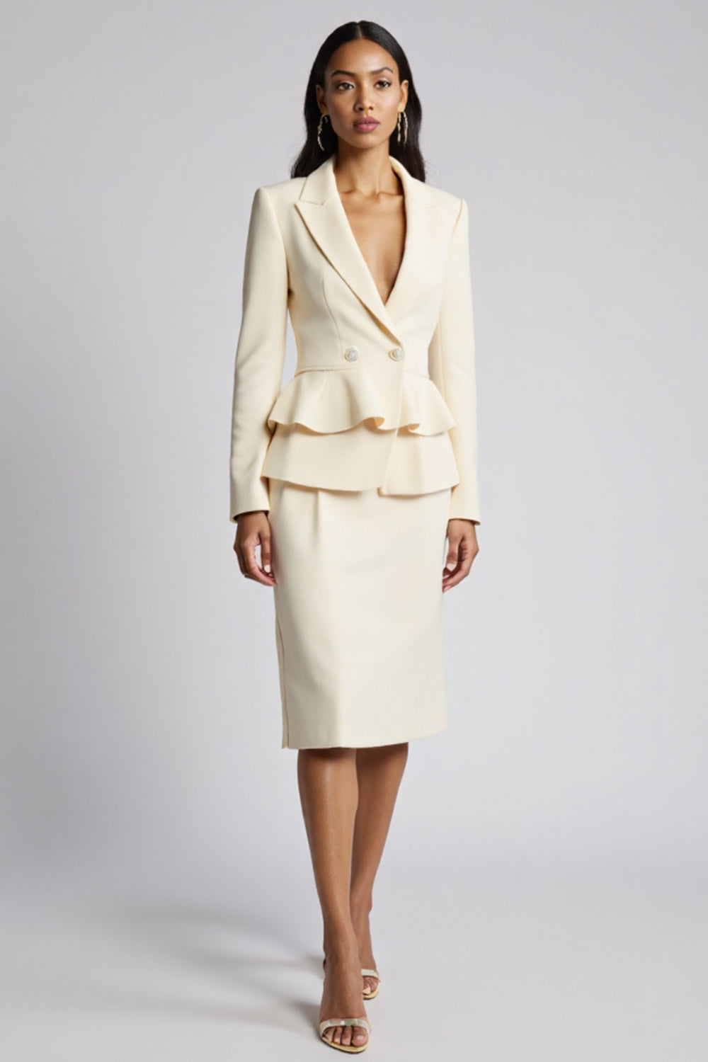 Ivory Peak Lapel Satin 2 Piece Bodycon Midi Business Suits with Ruffles
