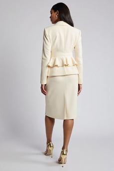 Ivory Peak Lapel Satin 2 Piece Bodycon Midi Business Suits with Ruffles