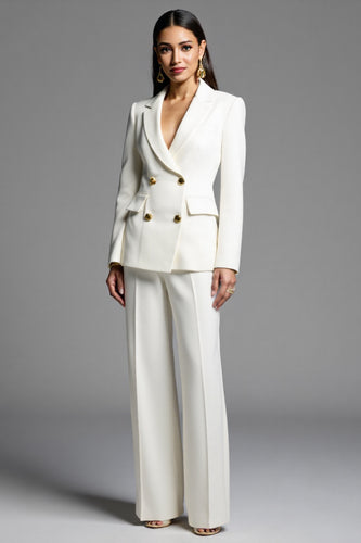 White Satin Notched Lapel 2 Piece Double Breasted Business Suits