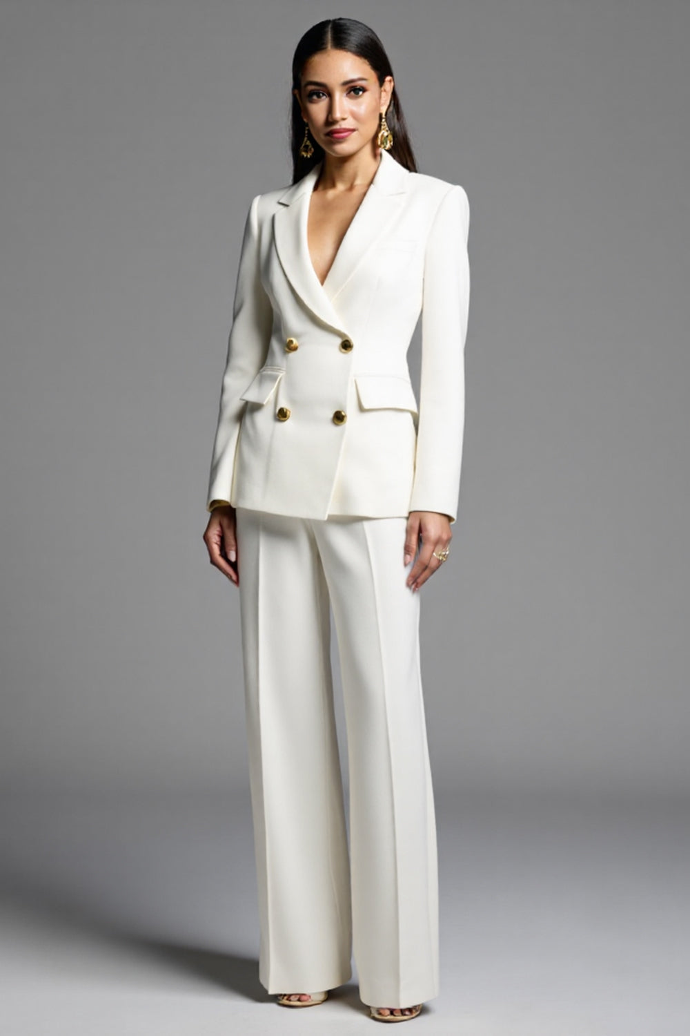 White Satin Notched Lapel 2 Piece Double Breasted Business Suits