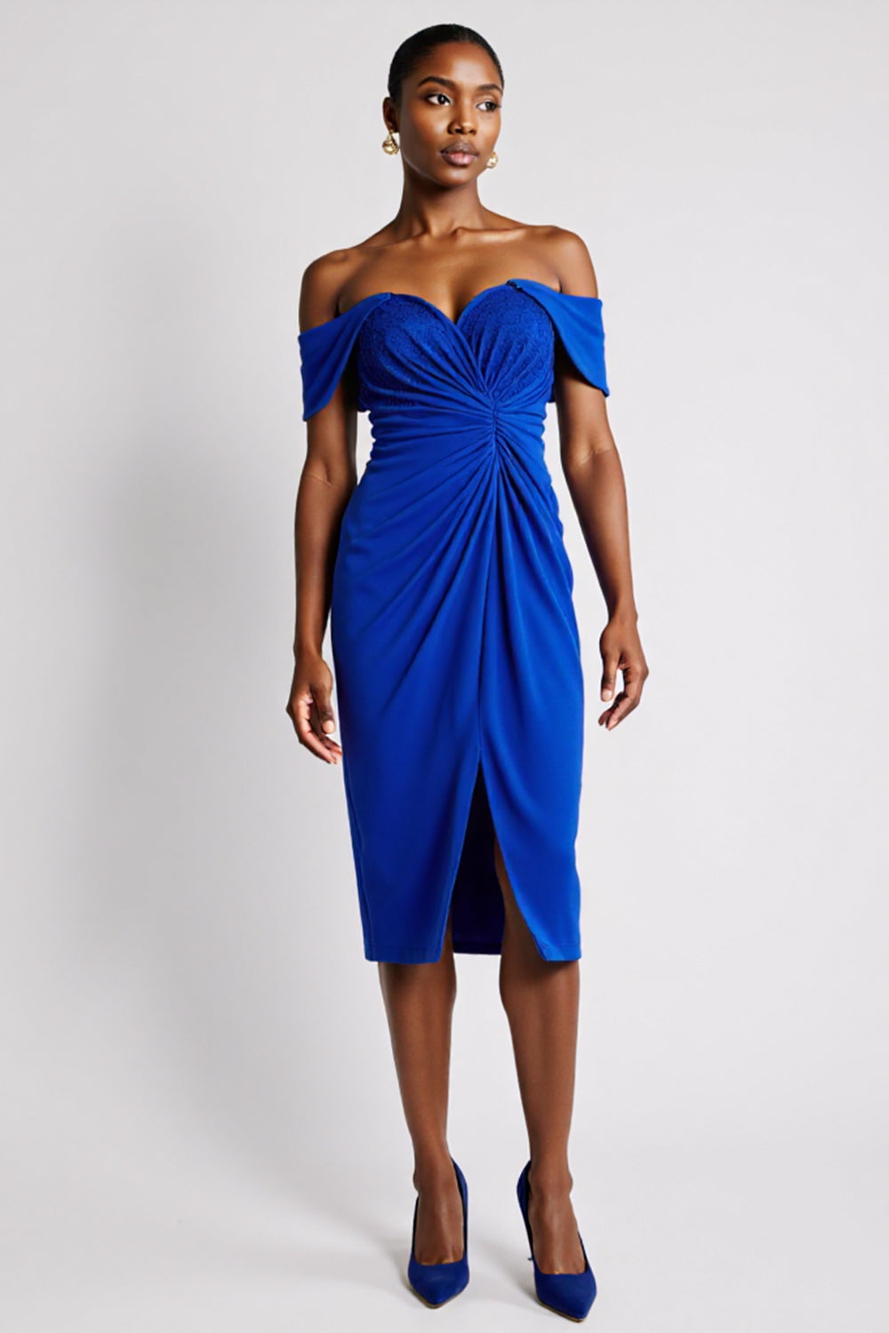 Royal Blue Off the Shoulder Bodycon Satin Midi Work Dress with Slit