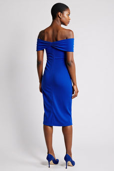 Royal Blue Off the Shoulder Bodycon Satin Midi Work Dress with Slit