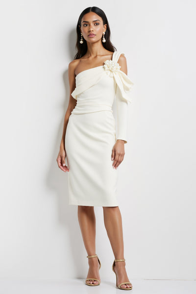 White Satin Bodycon Midi Work Dress with Flower