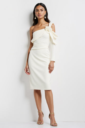White Satin Bodycon Midi Work Dress with Flower