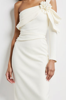 White Satin Bodycon Midi Work Dress with Flower