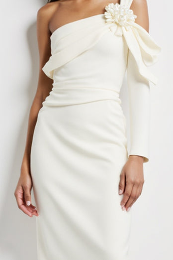 White Satin Bodycon Midi Work Dress with Flower