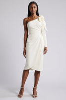 Load image into Gallery viewer, White Bodycon Satin Ruched Midi Work Dress with Flower