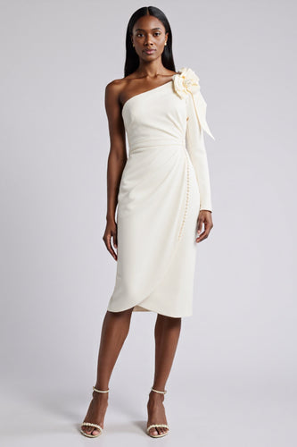 White Bodycon Satin Ruched Midi Work Dress with Flower
