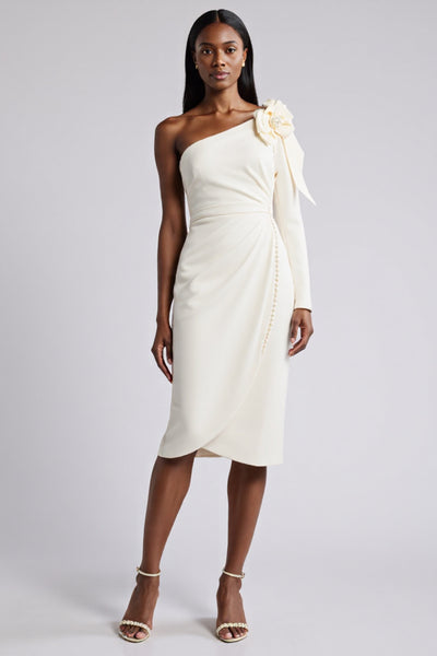 White Bodycon Satin Ruched Midi Work Dress with Flower
