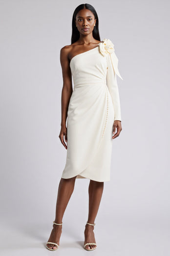 White Bodycon Satin Ruched Midi Work Dress with Flower
