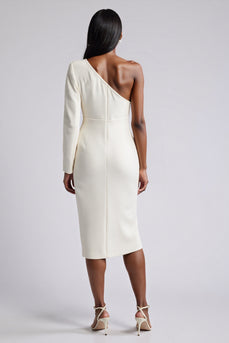 White Bodycon Satin Ruched Midi Work Dress with Flower
